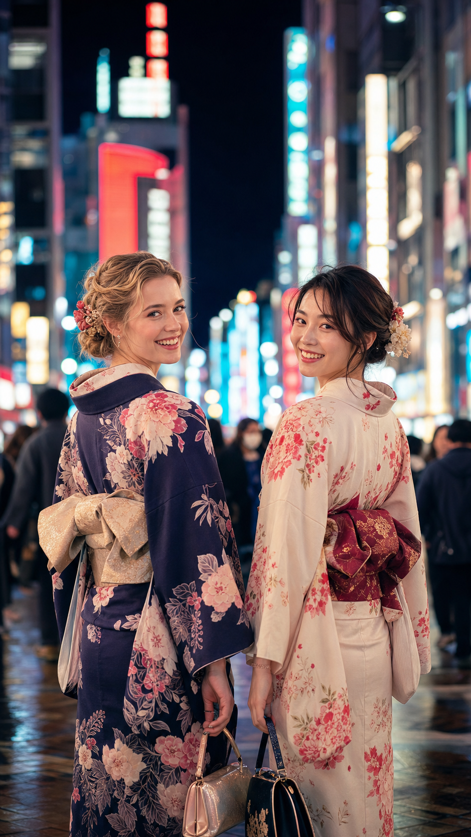Family wearing kimono in a warm Tokyo alley
