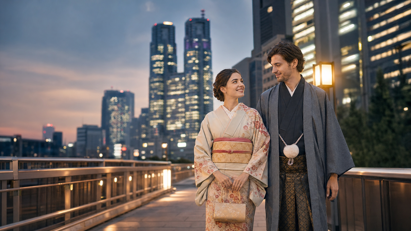 International couple wearing kimono in modern Shinjuku at dusk